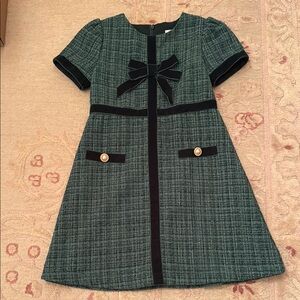 Elegant Green Plaid Kids Dress with Bow